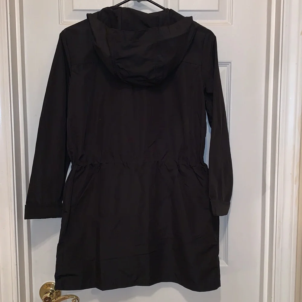 J. Crew Black Hooded Raincoat Drawstring Waist. Zip Snap Front Pockets. NWT - Picture 8 of 11